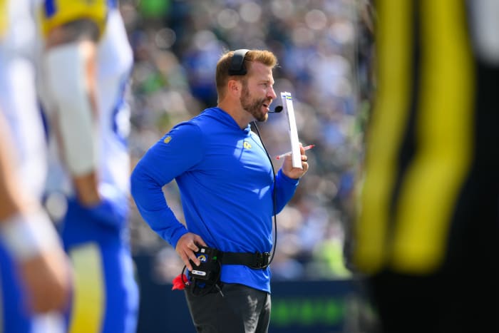 Sep 10, 2023; Seattle, Washington, USA; Los Angeles Rams head coach Sean McVay during the second half against the Seattle Seahawks at Lumen Field. Mandatory Credit: Steven Bisig-USA TODAY Sports
